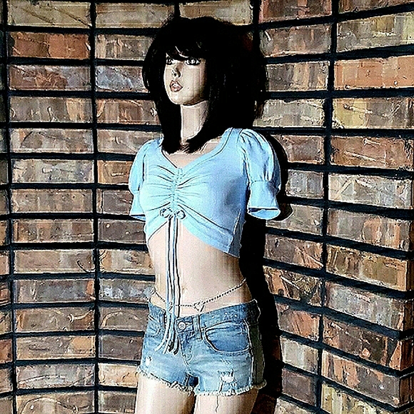 NWT,FACTORY SEALED Light Blue Ribbed Cotton Blend Cap Sleeve Drawstring Crop Top - Picture 3 of 4